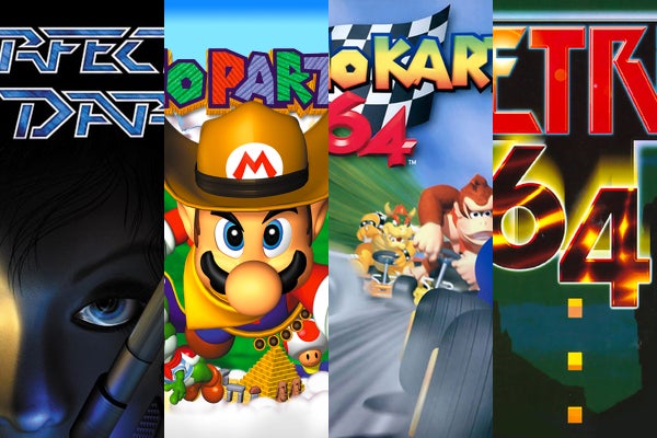 Nintendo 64 console with four controllers and classic multiplayer N64 games for local couch gaming.
