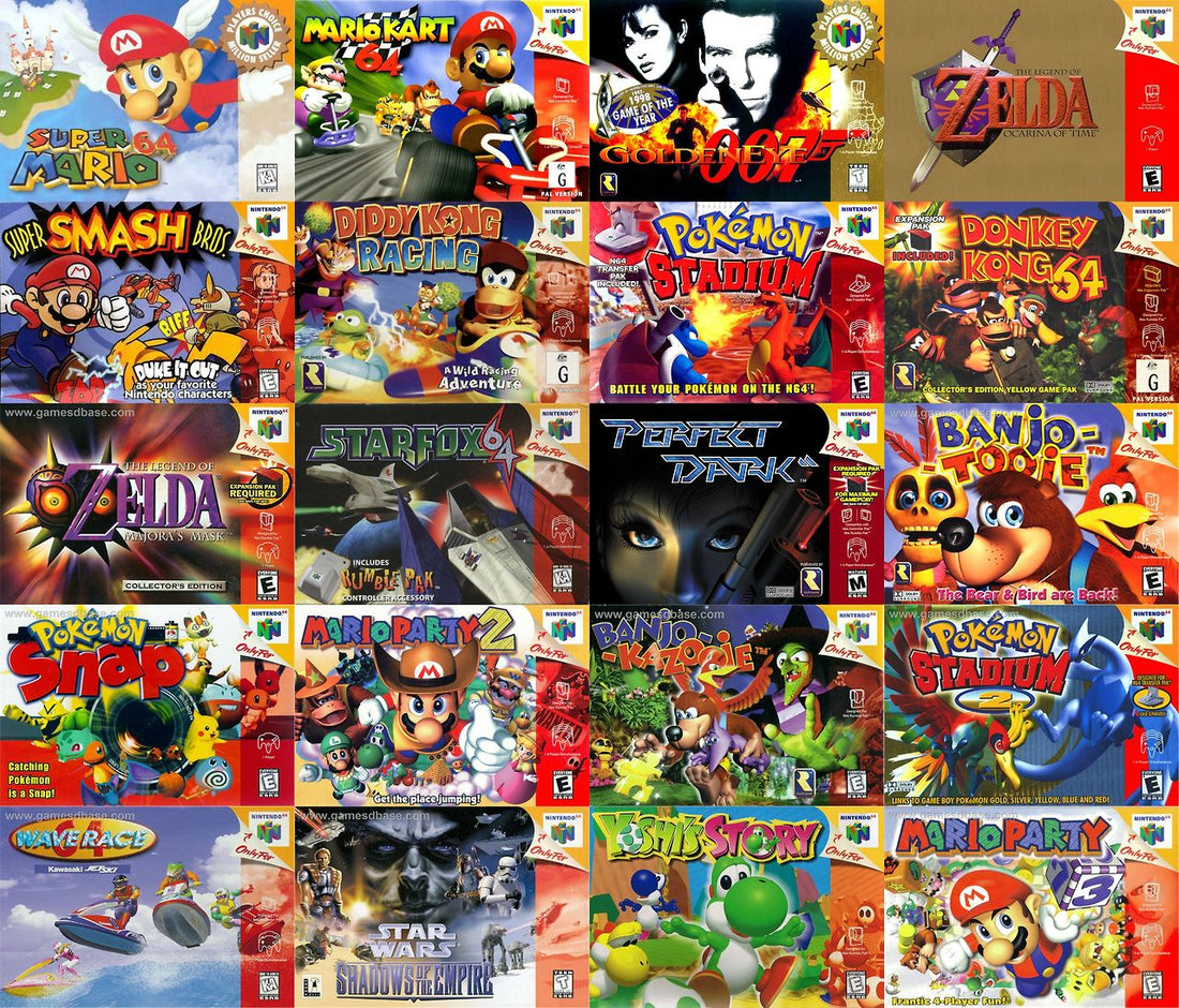 Original Nintendo 64 console and classic N64 games including The Legend of Zelda Ocarina of Time, Super Mario 64, GoldenEye 007, and Mario Kart 64.