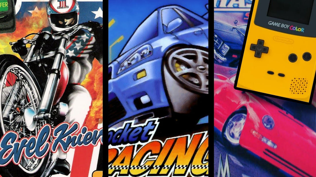 Original Nintendo Game Boy Color racing game cartridges featuring Mickey's Racing Adventure, Micro Machines, Top Gear Pocket, and other classic racing titles.