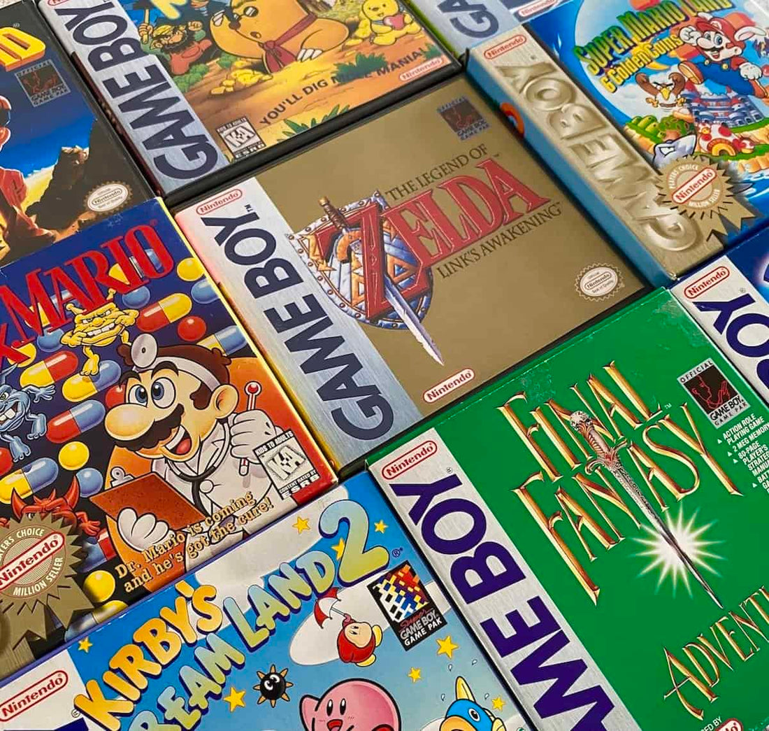 Original Nintendo Game Boy console surrounded by classic platform games including Super Mario Land 2, Wario Land, Kirby's Dream Land, Donkey Kong, and Mega Man V.