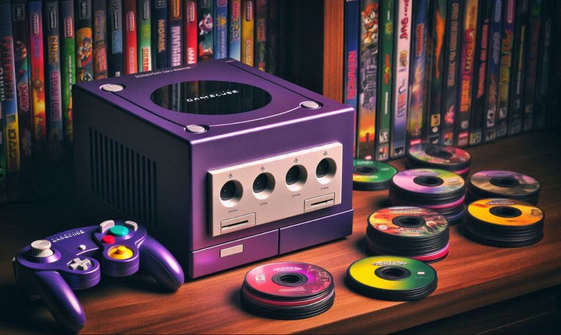 Original Nintendo GameCube console surrounded by classic games including The Wind Waker, Super Smash Bros. Melee, Metroid Prime, and Mario Kart Double Dash.
