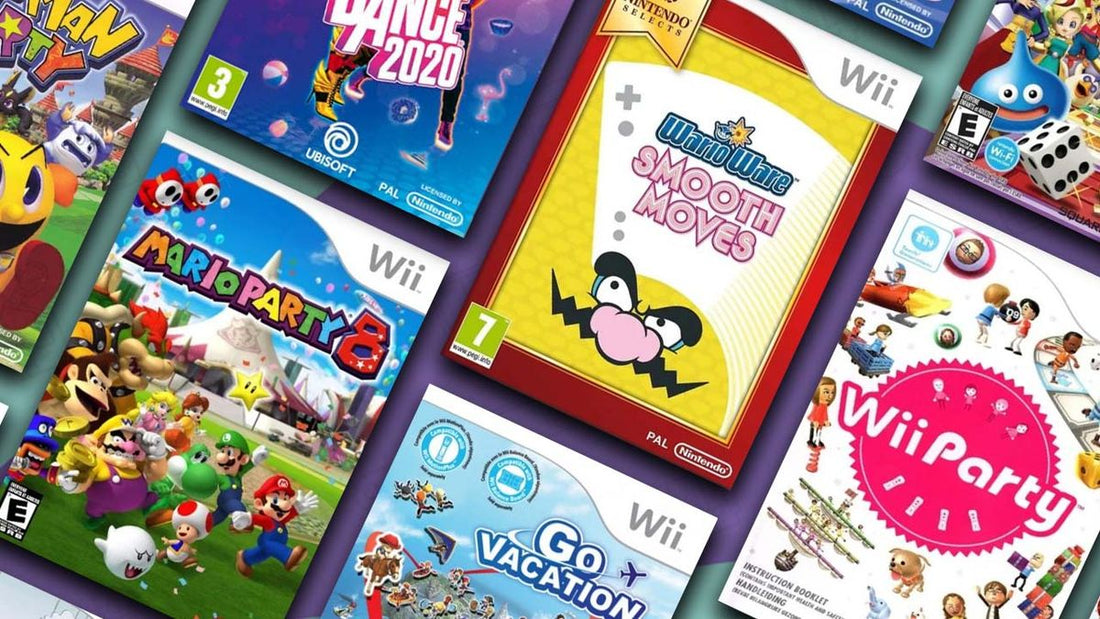 Nintendo Wii console, Wii Remotes, and classic multiplayer games displayed for local couch co-op gaming.