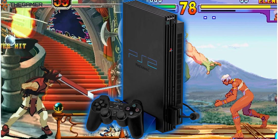 Collection of classic PlayStation 2 fighting games displayed with a PS2 console for retro video game collectors.