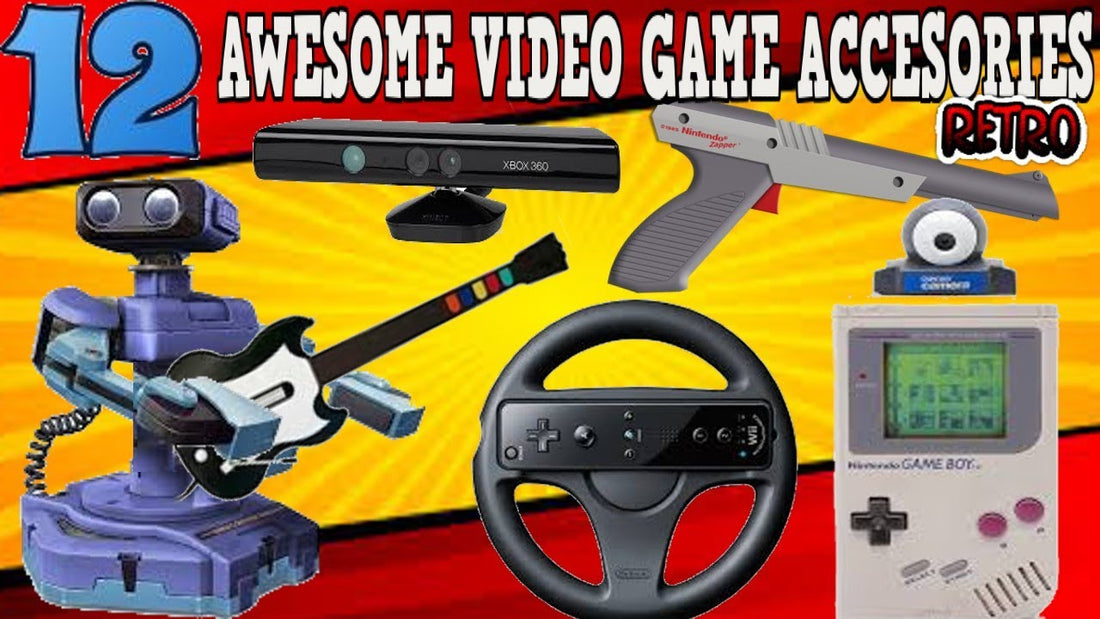 Classic retro gaming accessories including Nintendo controllers, PlayStation memory cards, Sega peripherals and vintage console accessories.