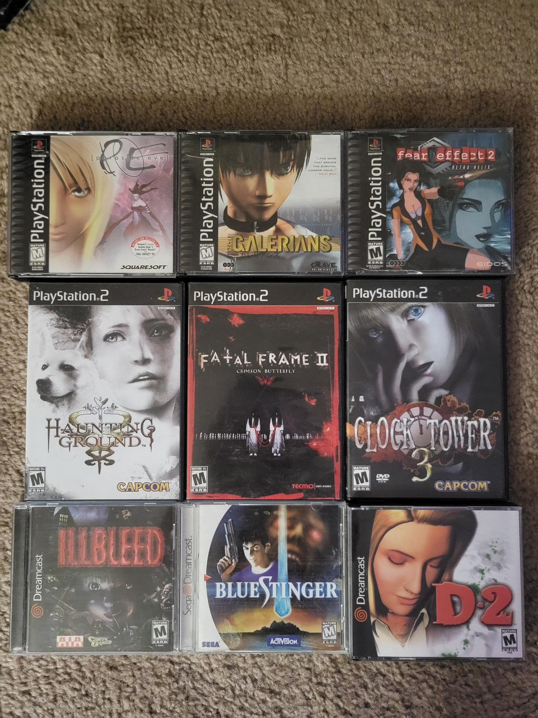 Collection of classic retro horror video games for PlayStation, PlayStation 2, Dreamcast and other vintage consoles displayed for collectors.