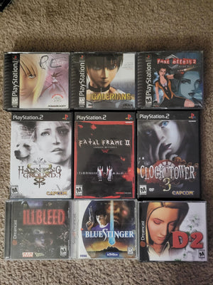 Collection of classic retro horror video games for PlayStation, PlayStation 2, Dreamcast and other vintage consoles displayed for collectors.