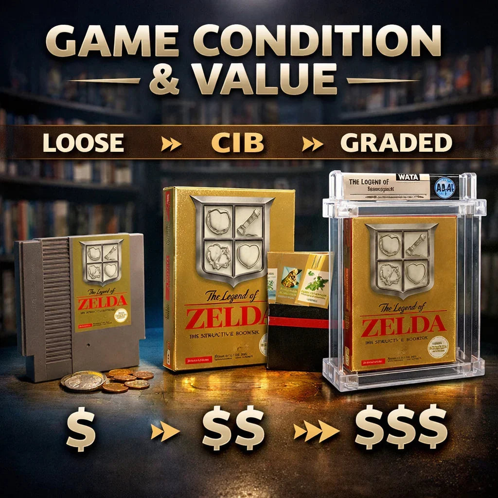 Comparison of Complete-in-Box and Factory-Sealed retro video games with original packaging, manuals, and sealed collector editions.