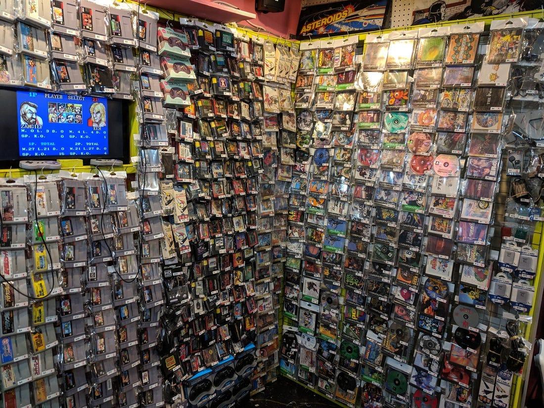 Retro gaming collectibles and console display