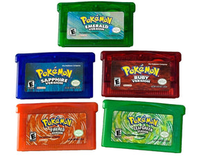 Pokémon Ruby, Sapphire, and Emerald Game Boy Advance cartridges lineup