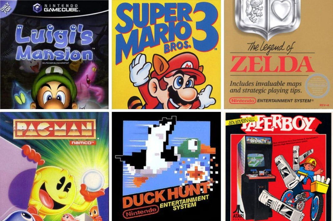 Collection of iconic retro video game franchises featuring classic Nintendo, PlayStation, and SEGA games displayed for collectors.