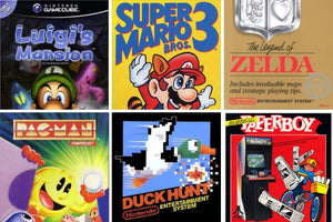 Collection of iconic retro video game franchises featuring classic Nintendo, PlayStation, and SEGA games displayed for collectors.