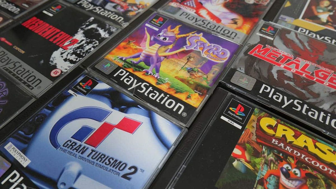 Collectible original Sony PlayStation PS1 games displayed with classic cases and discs for retro video game collectors.