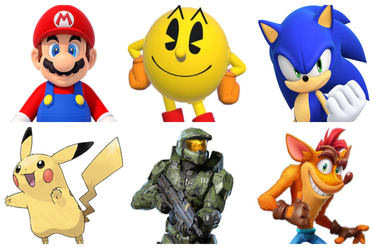 Iconic retro video game characters from classic Nintendo, SEGA, PlayStation, and arcade games displayed for collectors and gaming enthusiasts.