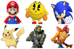Iconic retro video game characters from classic Nintendo, SEGA, PlayStation, and arcade games displayed for collectors and gaming enthusiasts.