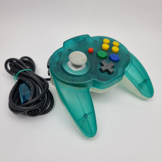 Original retro gaming controller compared with an aftermarket controller showing differences in buttons, shell, cable and manufacturer markings