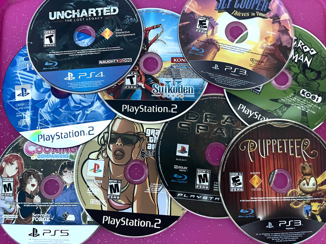 Physical retro video game cartridges, discs and original boxed games representing physical game collecting versus digital gaming.
