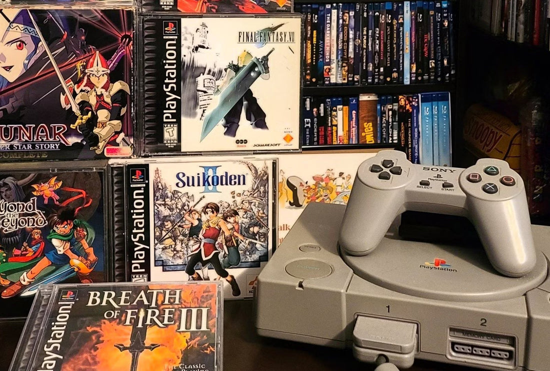 PlayStation 1 console with retro games collection