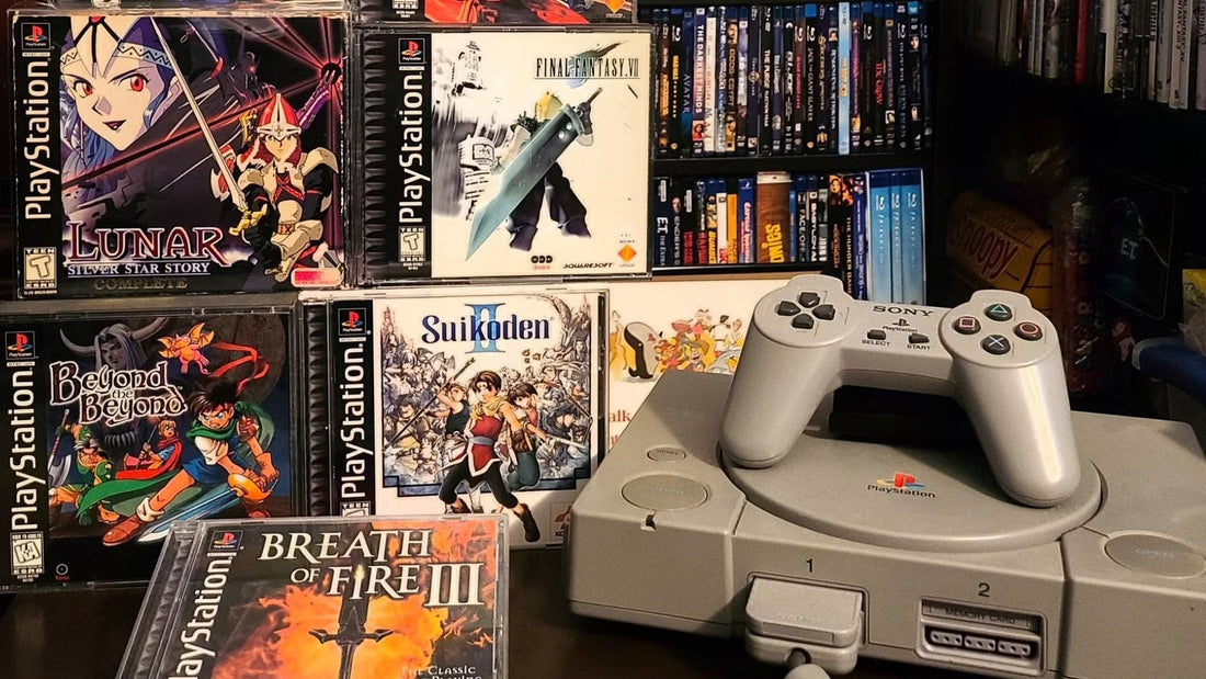 Collection of PlayStation 1 games in cases