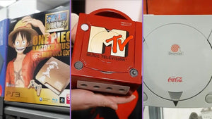 Rare retro gaming consoles from Nintendo, Sega, Sony, NEC, Panasonic, Bandai, Pioneer, Casio, and other classic gaming brands displayed for collectors.