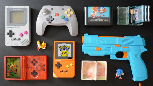 Retro gaming console collectibles display setup