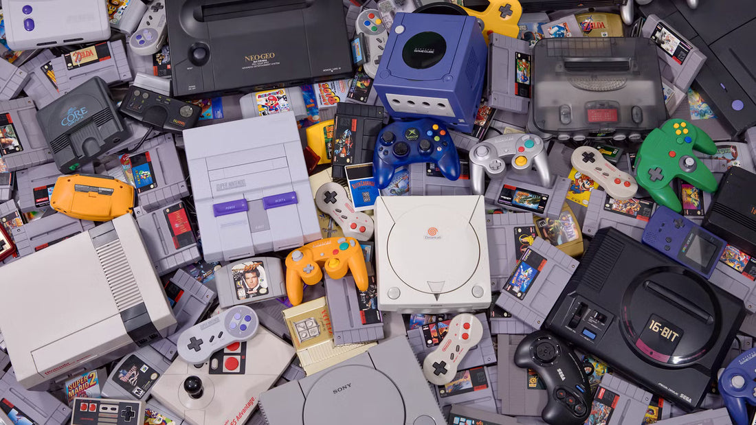 Collection of retro gaming consoles including PlayStation Nintendo and Sega