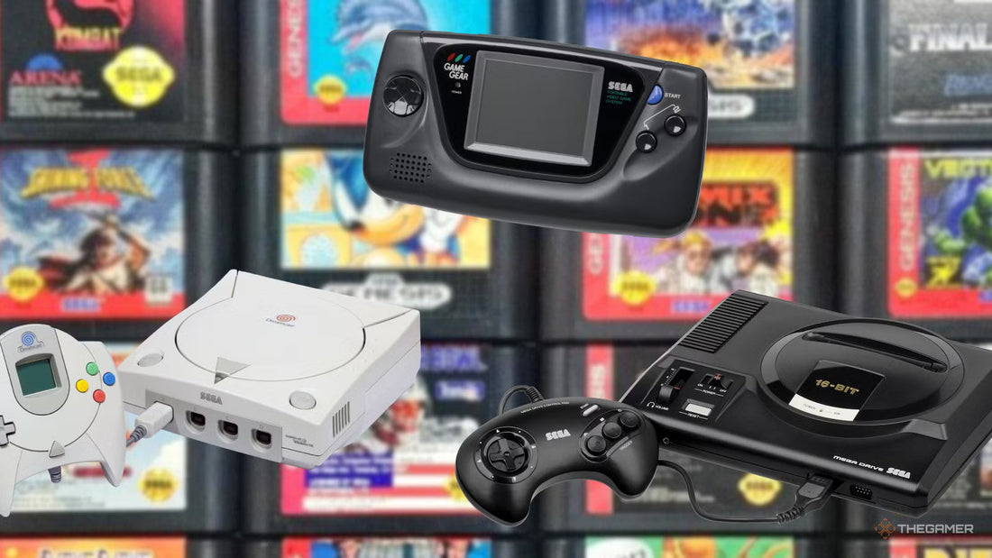 SEGA retro console lineup featuring Mega Drive, Sega Saturn, and Dreamcast systems