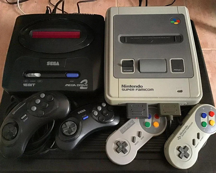 SEGA vs Nintendo retro console rivalry featuring classic gaming systems from both companies