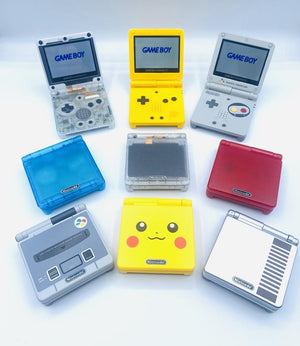 Collection of Game Boy Advance SP consoles in different colors