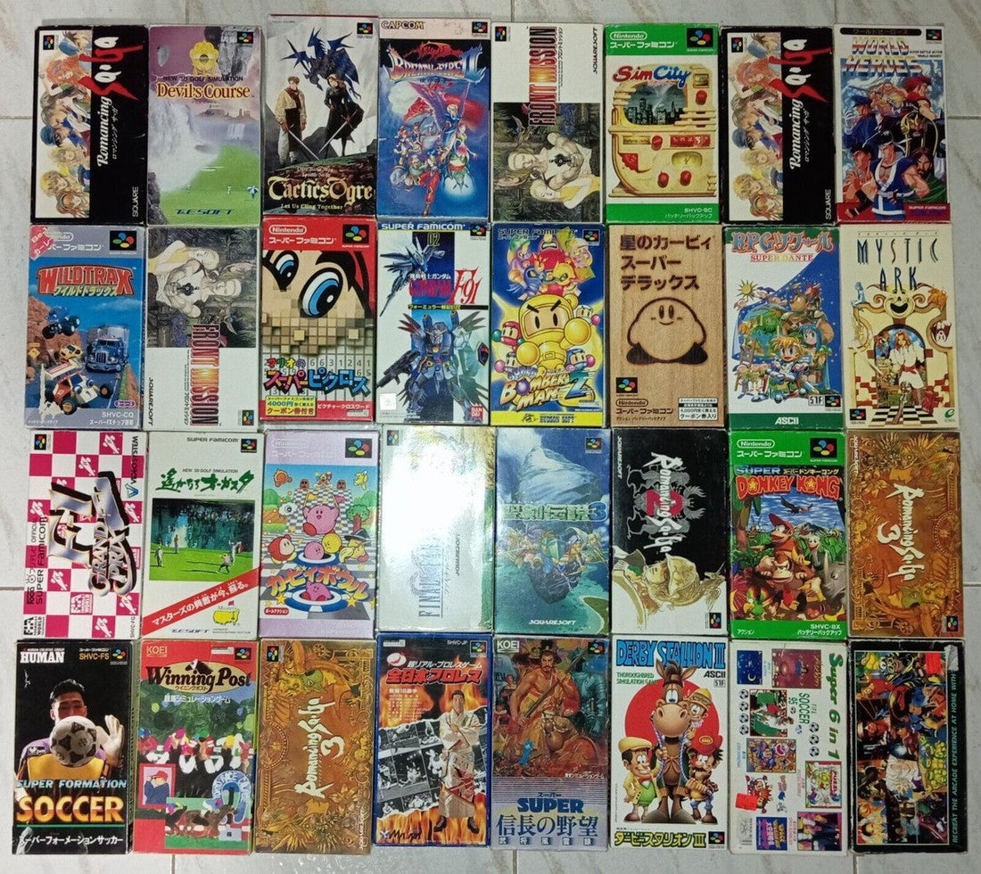 Collection of Nintendo Super Famicom game cartridges available at Retros.ae in the UAE