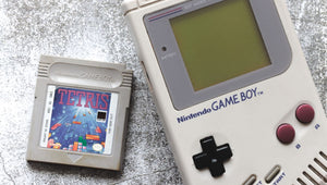 Close-up of original Tetris Game Boy cartridge for collectors at Retros.ae