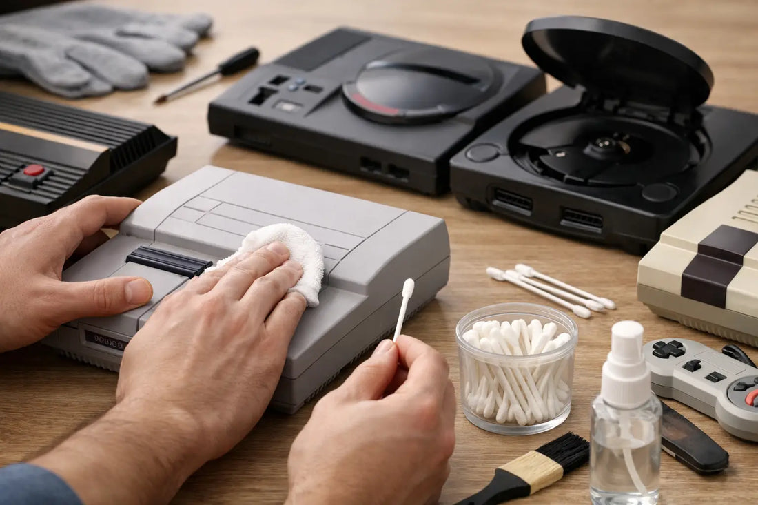 Retro game consoles including Nintendo, PlayStation, Sega, and Xbox being carefully cleaned and maintained with microfiber cloths and gaming accessories.