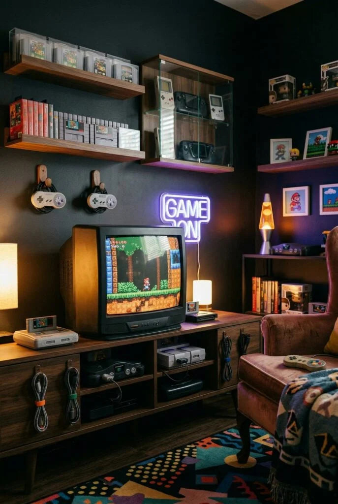Ultimate home retro gaming setup with classic Nintendo, PlayStation and SEGA consoles, physical games, controllers and retro gaming display.