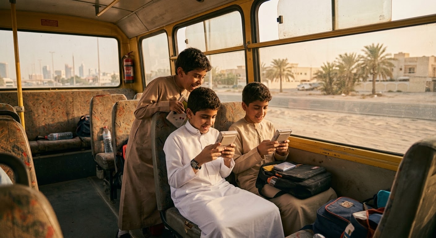 Three boys in traditional white and beige robes sitting inside a yellow bus, looking down at their smartphones. The bus interior has patterned seats, and a desert landscape with palm trees is visible through the window.