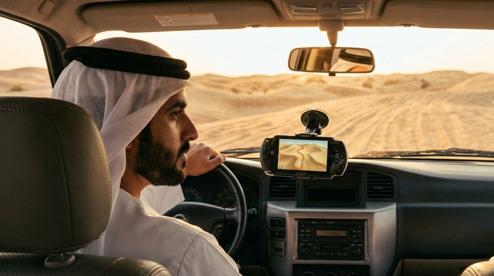 Old meets new — a PlayStation Portable used as a GPS on a Nissan Patrol dashboard, dune bashing in the UAE desert, by Retros Dubai.