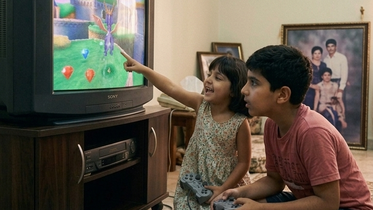 Nostalgic 90s UAE childhood memory — brother and sister playing Spyro the Dragon on original PlayStation, retro gaming moment by Retros Dubai.